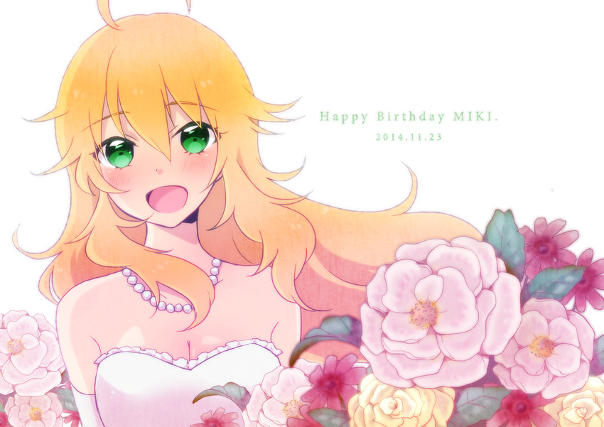 :d ahoge bad_id bad_pixiv_id bare_shoulders blonde_hair blush character_name dated dress elbow_gloves flower gloves green_eyes happy_birthday hoshii_miki idolmaster idolmaster_(classic) jewelry long_hair looking_at_viewer naju_soreiyu necklace open_mouth smile solo strapless strapless_dress upper_body white_dress white_gloves