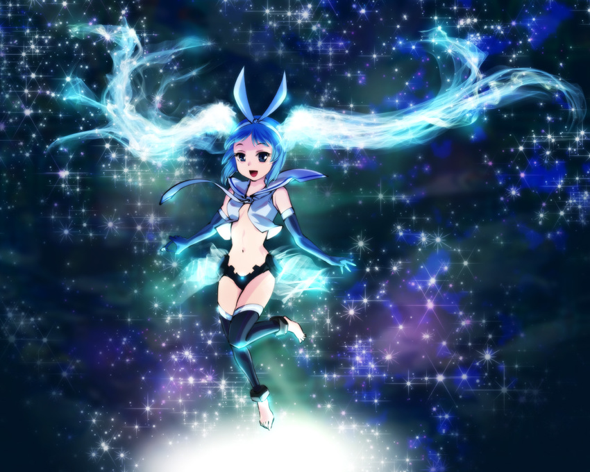 :d alternate_hairstyle aqua_hair bare_shoulders barefoot black_gloves black_legwear blue_eyes blue_hair bridal_gauntlets cosplay elbow_gloves floating gloves hair_ornament hatsune_miku hatsune_miku_(append) hatsune_miku_(cosplay) legs long_hair looking_away mascot midriff navel necktie nipa-ko open_mouth ribbon shirt sky smile solo space space_craft star_(sky) starry_sky thighhighs toeless_legwear twintails ueyama_michirou very_long_hair vocaloid vocaloid_append white_shirt