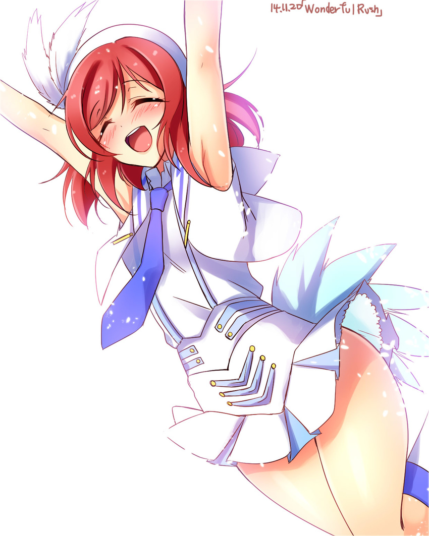 armpits arms_up bare_shoulders blouse closed_eyes cropped_jacket highres idol love_live! love_live!_school_idol_project miniskirt necktie nishikino_maki open_mouth petticoat pleated_skirt red_hair shirt short_hair skirt sleeveless sleeveless_shirt slip_showing solo song_name suspenders white_blouse wonderful_rush yu-ta