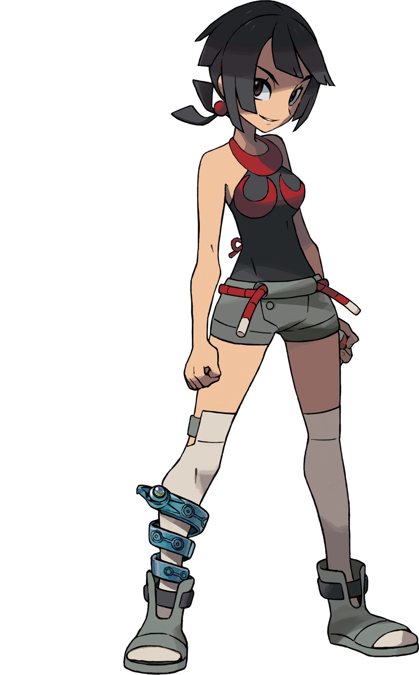 black_hair brown_hair higana_(pokemon) looking_at_viewer official_art photoshop poke_ball pokemon pokemon_(game) pokemon_oras sandals short_hair sugimori_ken thighhighs