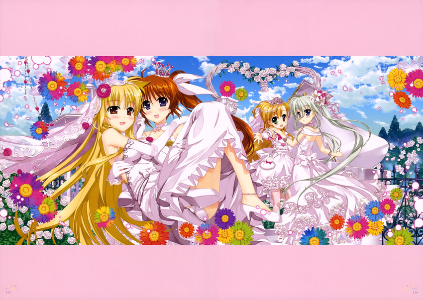 4girls absurdres blue_eyes blush carrying dress einhart_stratos fate_testarossa flower fujima_takuya heterochromia highres huge_filesize lyrical_nanoha mahou_shoujo_lyrical_nanoha mahou_shoujo_lyrical_nanoha_vivid marriage multiple_girls official_art princess_carry red_eyes takamachi_nanoha vivio wedding wedding_dress yuri