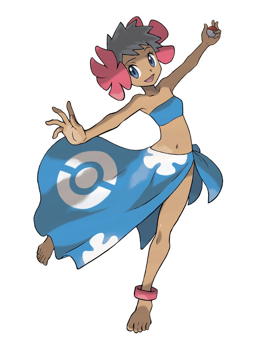 1girl absurdres ankle_cuffs anklet bandeau barefoot blue_eyes brown_hair dark_skin elite_four feet floral_print flower full_body fuyou_(pokemon) hair_flower hair_ornament highres jewelry midriff navel official_art pokemon pokemon_(game) pokemon_oras sarong short_hair solo sugimori_ken tan tubetop