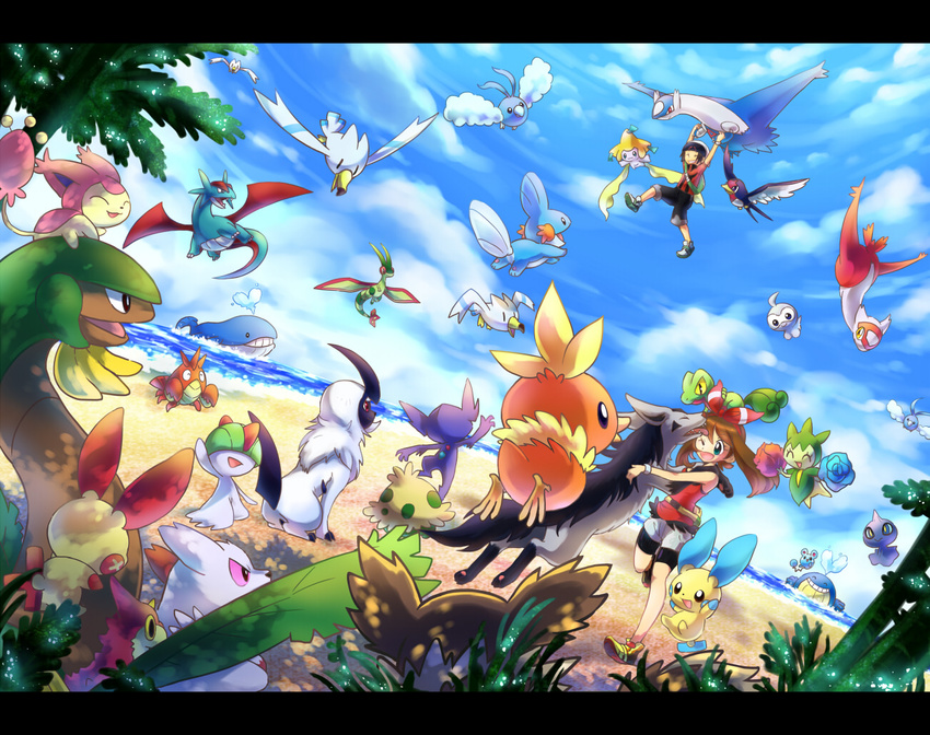 1girl absol azurill beach black_hair blue_eyes brown_hair castform character_request commentary_request corphish day flygon gen_3_pokemon haruka_(pokemon) ibui_matsumoto jirachi latias latios legendary_pokemon mightyena minun mudkip ocean outdoors plusle pokemon pokemon_(creature) pokemon_(game) pokemon_oras ralts sableye salamence shroomish shuppet skitty swablu taillow torchic treecko tropius wailmer wailord water wingull wurmple yuuki_(pokemon) zangoose zigzagoon