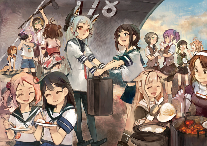 :o ^_^ abukuma_(kantai_collection) ahoge aika_warazu aoba_(kantai_collection) ashigara_(kantai_collection) boom_microphone brown_eyes camcorder closed_eyes cloud commentary_request curry double_bun dress eating fingerless_gloves food fubuki_(kantai_collection) glasses gloves green-framed_eyewear hair_bobbles hair_ornament hair_ribbon hairband hairclip headgear highres i-401_(kantai_collection) kantai_collection kirishima_(kantai_collection) kitakami_(kantai_collection) kuroshio_(kantai_collection) long_hair multiple_girls murakumo_(kantai_collection) naka_(kantai_collection) pantyhose pot purple_hair ribbon rice sailor_dress sazanami_(kantai_collection) school_uniform serafuku shiranui_(kantai_collection) short_dress short_hair short_sleeves shorts sidelocks skirt sky smile thighhighs ushio_(kantai_collection) yuudachi_(kantai_collection)