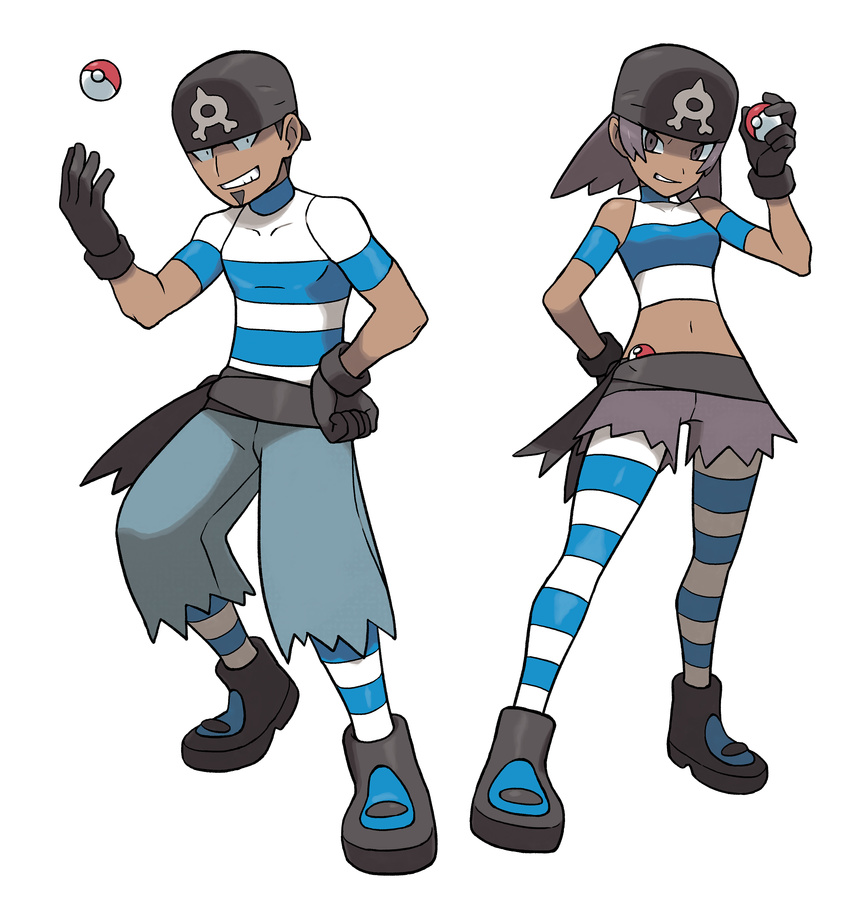 1boy 1girl alternate_costume bandanna black_eyes black_gloves black_hair breasts collarbone dark_skin evil_grin evil_smile gloves grin highres hips holding holding_poke_ball lowres midriff navel nintendo npc npc_trainer official_art pants poke_ball pokemon pokemon_(game) pokemon_oras pokemon_rse shirt shoes small_breasts smile socks standing striped striped_legwear sugimori_ken t-shirt team_aqua team_aqua_grunt team_aqua_grunt_(remake) uniform white_background