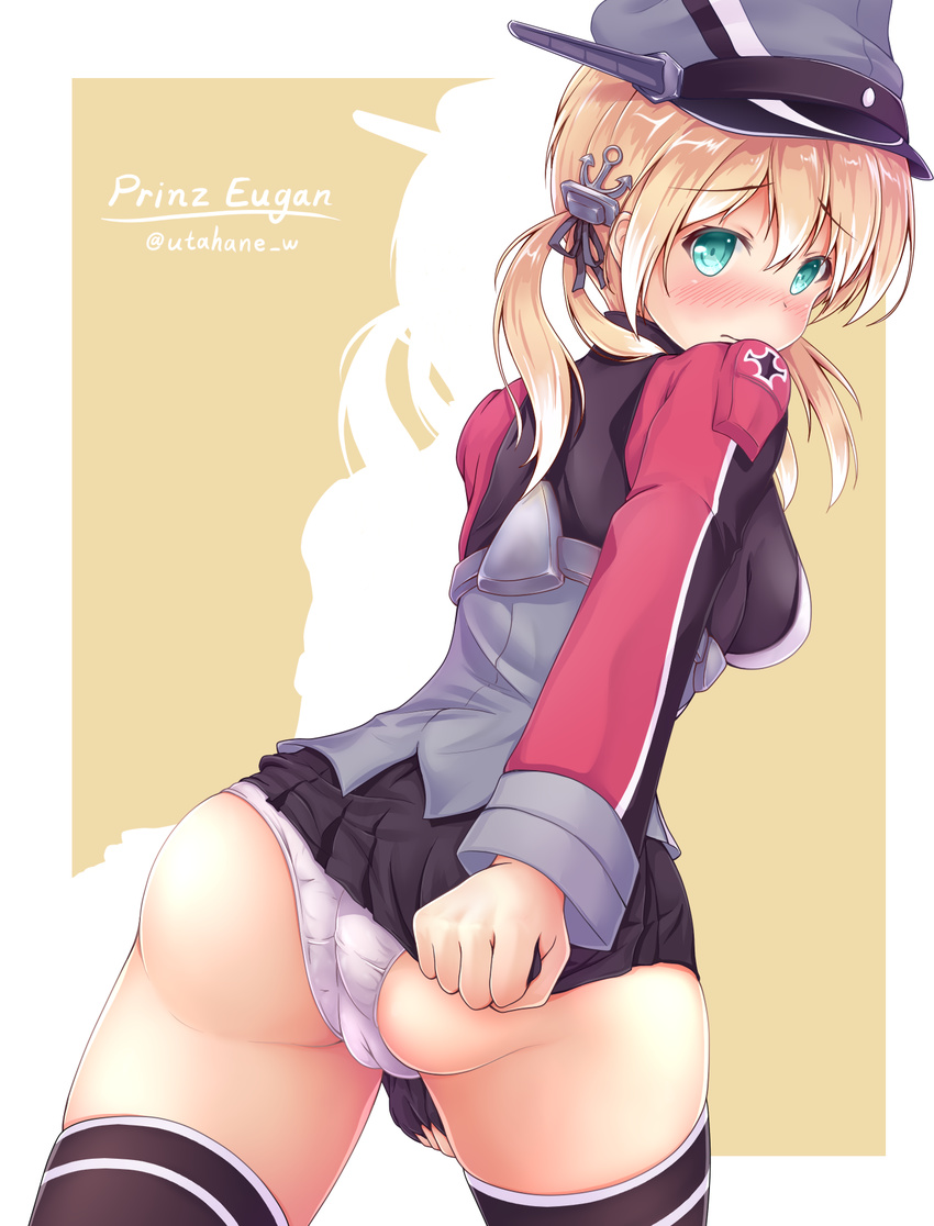 anchor_hair_ornament aqua_eyes ass black_legwear black_skirt blonde_hair blush border breasts brown_background cameltoe character_name clenched_hand from_behind hair_ornament hat highres iron_cross kantai_collection long_sleeves looking_at_viewer looking_back looking_to_the_side medium_breasts microskirt military military_uniform panties peaked_cap pleated_skirt prinz_eugen_(kantai_collection) simple_background skirt skirt_tug solo thighhighs trefoil twintails twitter_username undersized_clothes underwear uniform utahane white_border white_panties