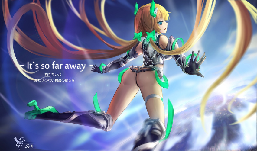 absurdly_long_hair angela_balzac armor ass bangs bare_shoulders black_gloves blonde_hair blurry boots breasts deva_battle_suit elbow_gloves floating_hair from_behind gloves green_eyes hair_ornament headgear high_heel_boots high_heels highleg highleg_leotard highres knee_boots leotard long_hair low_twintails md5_mismatch medium_breasts midair motion_blur open_mouth profile rakuen_tsuihou sky solo spread_legs thighlet thong_leotard twintails very_long_hair wangchuan_de_quanyan