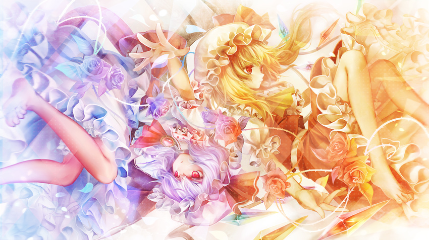 ascot bad_id bad_pixiv_id barefoot blonde_hair brooch flandre_scarlet flower hat jewelry lavender_hair long_hair multiple_girls red_eyes remilia_scarlet revision rose short_hair side_ponytail skirt toes torino_akua touhou wings