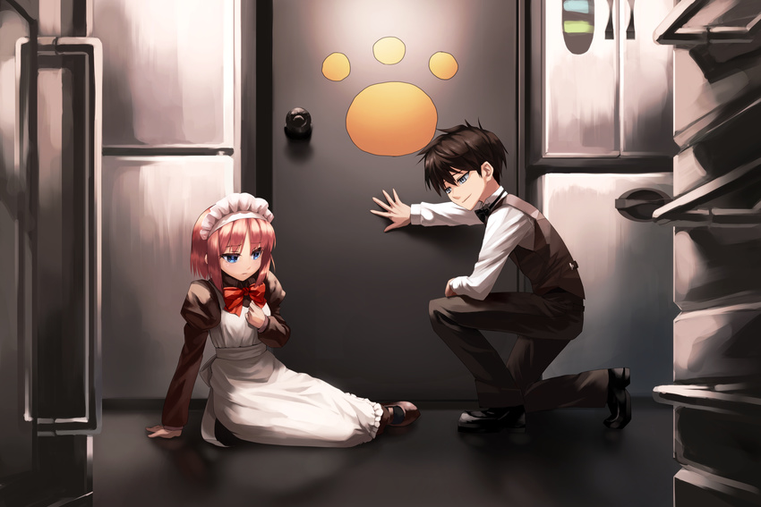 1girl alternate_costume apron bad_id bad_pixiv_id closing_door highres hisui maid maid_headdress megurimu melty_blood nanaya_shiki necktie pantyhose red_hair short_hair sitting toono_shiki tsukihime vest