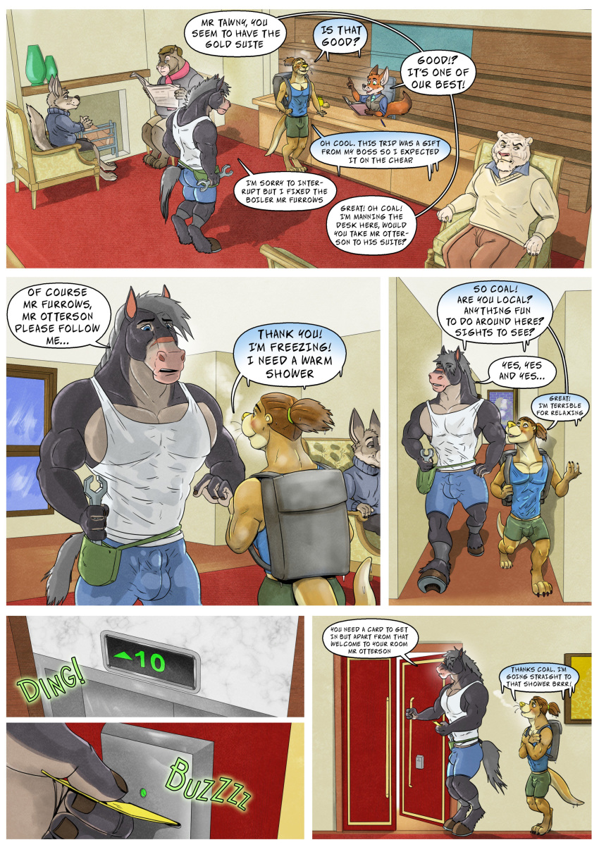 2018 anthro backpack bulge canine clothed clothing coal_(tawny_otter) comic dialogue digital_media_(artwork) english_text equine fox fur hi_res horse hotel male mammal muscular muscular_male mustelid otter receptionist speech_bubble tawny_otter tawny_otter_(character) text tools wrench