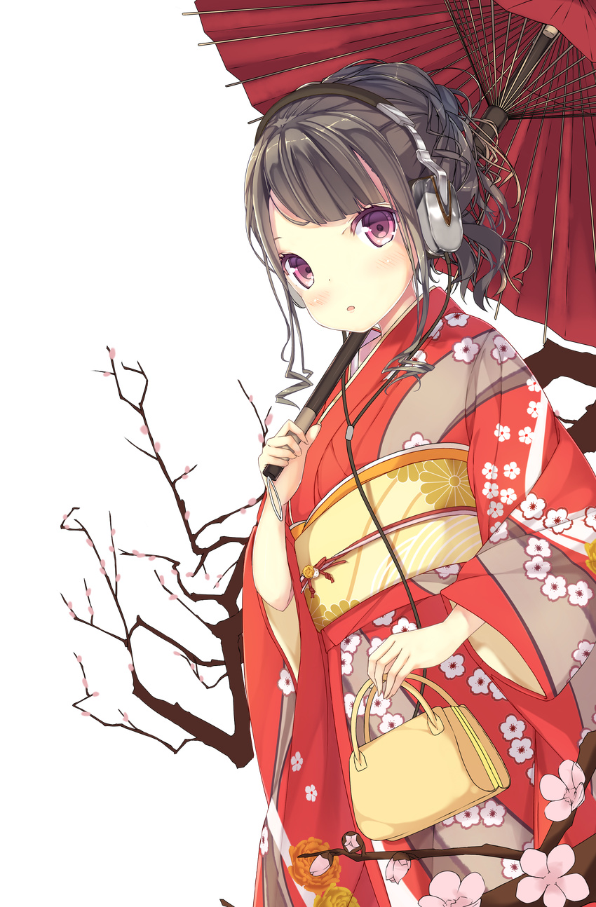 absurdres black_hair blush headphones highres japanese_clothes kimono looking_at_viewer original purple_eyes shirohina solo