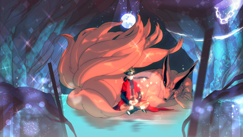 blonde_hair cape cave commentary_request dhyana_mudra ester_(yhs1862) forehead_protector fox full_moon head_rest highres indian_style jacket kurama_(naruto) kyuubi male_focus meditation mida_no_jouin moon mudra multiple_tails naruto_(series) naruto_shippuuden night one_eye_closed red_eyes sandals sennin_mode sitting smile sparkle tail uzumaki_naruto