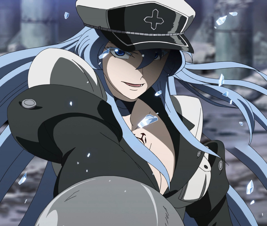 1girl akame_ga_kill! blue_eyes blue_hair breasts esdeath esdese hat highres large_breasts long_hair smile solo standing stitched tattoo uniform