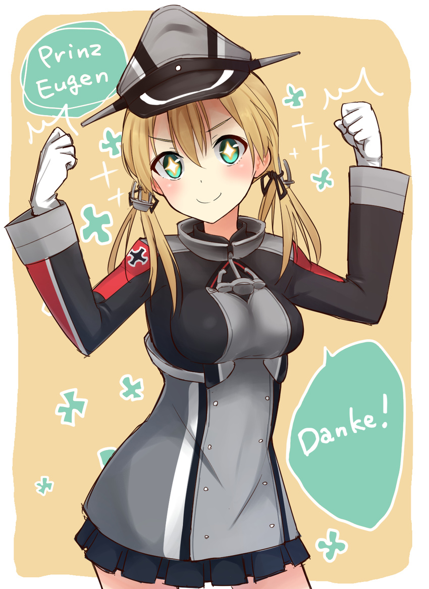 &gt;:) 1girl anchor_hair_ornament aqua_eyes blonde_hair character_name german gloves hair_ornament hat highres kantai_collection long_hair long_sleeves max_melon microskirt military military_uniform peaked_cap prinz_eugen_(kantai_collection) skirt smile solo sparkle sparkling_eyes twintails uniform v-shaped_eyebrows white_gloves