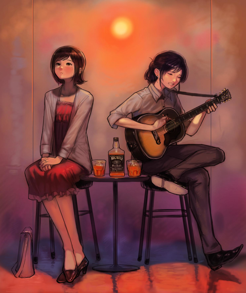 acoustic_guitar alcohol amami_haruka bag blue_hair blush bottle brown_hair bukimi_isan closed_eyes commentary crossed_legs dress guitar hair_up handbag highres idolmaster idolmaster_(classic) instrument kisaragi_chihaya long_hair multiple_girls no_ribbon older playing pumps short_hair sitting stool tears whiskey