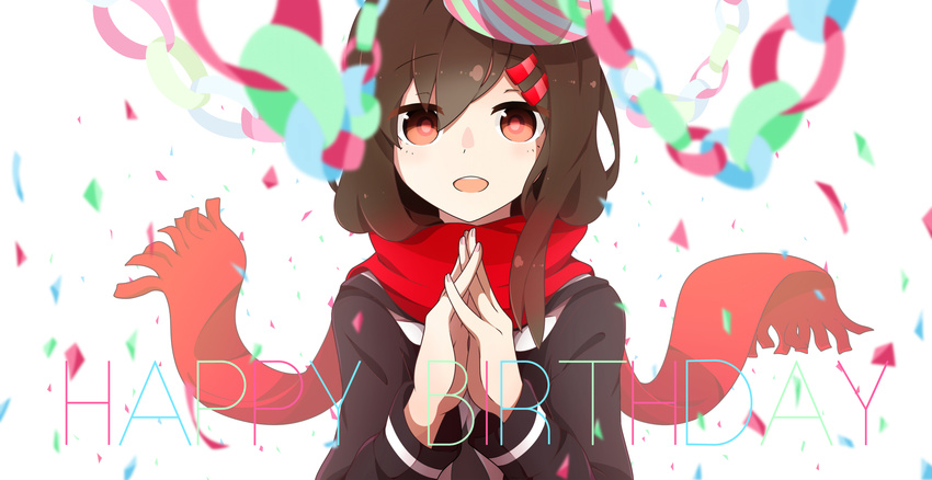 black_hair confetti enpera hair_ornament hairclip happy_birthday highres kagerou_project kent long_hair red_eyes red_scarf scarf school_uniform serafuku solo tateyama_ayano