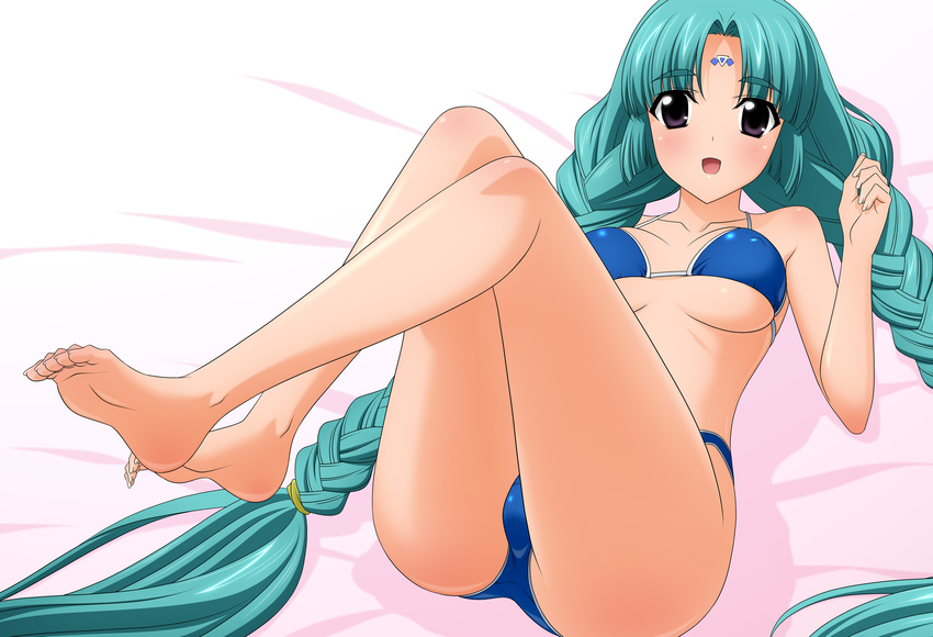 bikini braid canal_vorfeed green_hair highres long_hair lost_universe lying on_back purple_eyes sugimura_tomokazu swimsuit twin_braids twintails very_long_hair