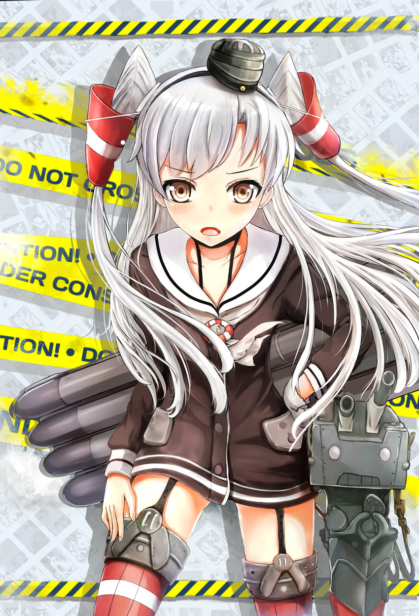 absurdres amatsukaze_(kantai_collection) brown_eyes caution_tape collarbone cowboy_shot dress fang garter_straps gloves hair_tubes hand_on_hip hazard_stripes highres kantai_collection lifebuoy long_hair long_sleeves looking_at_viewer open_mouth rensouhou-kun sailor_dress short_dress silver_hair single_glove solo striped striped_legwear thighhighs two_side_up white_gloves wuming_(xianghui0106) zettai_ryouiki