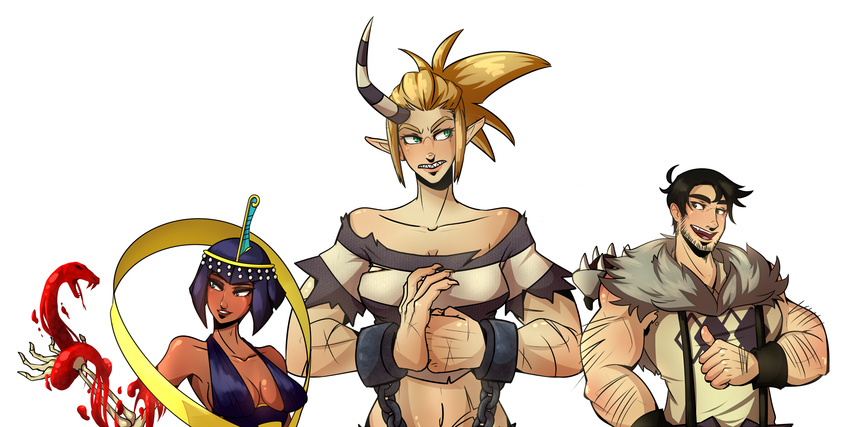 2girls bangs bare_shoulders beowulf_(skullgirls) black_hair blonde_hair blood blue_eyes bob_cut breasts chain cleavage collage cracking_knuckles cuffs dark_skin egyptian eliza_(skullgirls) eyeshadow facial_hair guro hagoromo halterneck height_chart highres horn long_hair makeup medium_breasts midriff multiple_girls muscle off-shoulder_shirt opera_ghost pointy_ears prison_clothes scar scythana shackles sharp_teeth shawl shirt short_hair sideboob skullgirls snake stubble suspenders teeth tiara white_background