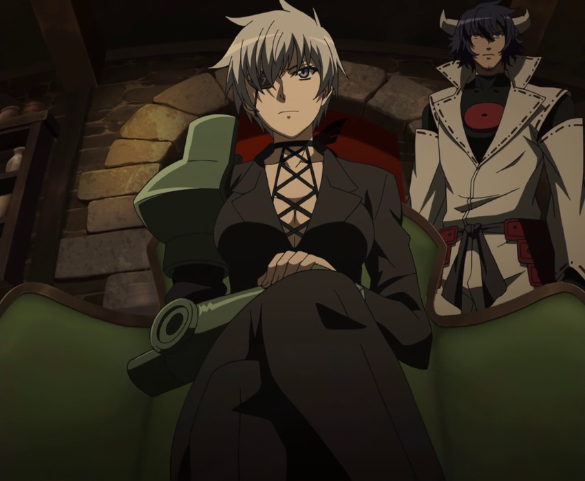 1boy 1girl akame_ga_kill! belt breasts business_suit cleavage detached_sleeves dougi eyepatch fishnet_top fishnets hands_together horns jacket large_breasts legs_crossed long_sleeves mechanical_arm najenda purple_eyes screencap short_hair silver_hair sitting standing stitched