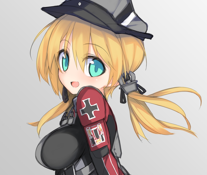 :d anchor_hair_ornament black_ribbon blonde_hair blue_eyes blush close-up denpaken_pochi hair_ornament hair_ribbon hat highres iron_cross kantai_collection long_hair long_sleeves military military_uniform open_mouth peaked_cap prinz_eugen_(kantai_collection) ribbon smile solo uniform upper_body