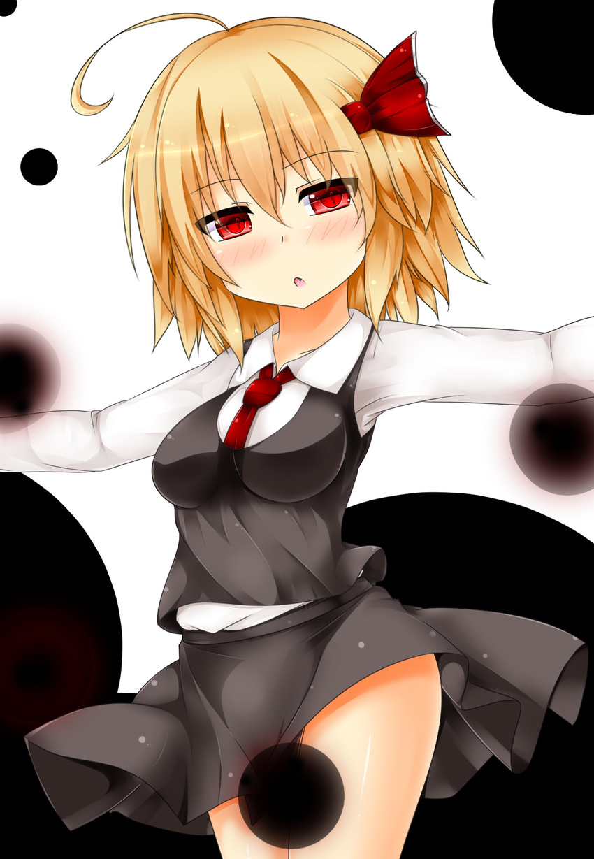 ahoge black_skirt blonde_hair blush bow breasts darkness dress_shirt fang hair_bow hair_ribbon highres looking_at_viewer md5_mismatch medium_breasts necktie open_mouth outstretched_arms red_eyes red_neckwear revision ribbon rumia shirt short_hair simple_background skirt solo standing touhou us2s vest white_shirt wing_collar