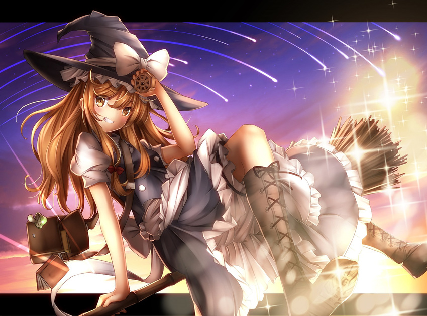 aiming_at_viewer apron bag bamboo_broom black_dress blonde_hair book boots bow broom broom_riding cross-laced_footwear dress grin hat hat_bow kirisame_marisa letterboxed long_hair minamina mini-hakkero mushroom puffy_short_sleeves puffy_sleeves shirt short_sleeves shoulder_bag smile solo sparkle sunset touhou waist_apron witch_hat yellow_eyes