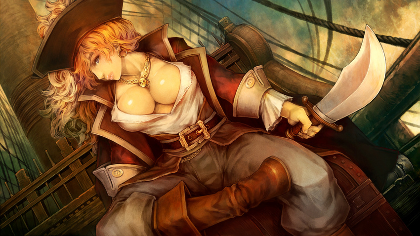 anna_bonnie belt blonde_hair boots breasts cleavage cutlass_(sword) dragon's_crown dutch_angle earrings game_cg hat highres holding holding_sword holding_weapon jewelry large_breasts long_hair necklace official_art open_clothes open_shirt pants pirate pirate_costume pirate_hat pirate_ship profile shigatake ship shirt sitting skull_necklace solo sword watercraft weapon
