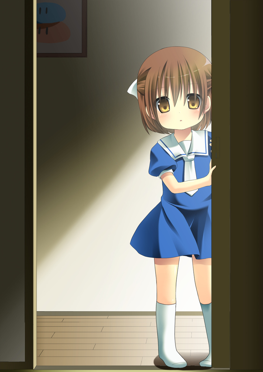 brown_eyes brown_hair clannad dango_daikazoku half_updo hanamiya_natsuka highres looking_at_viewer okazaki_ushio parted_lips peeking_out school_uniform serafuku short_hair socks solo white_legwear