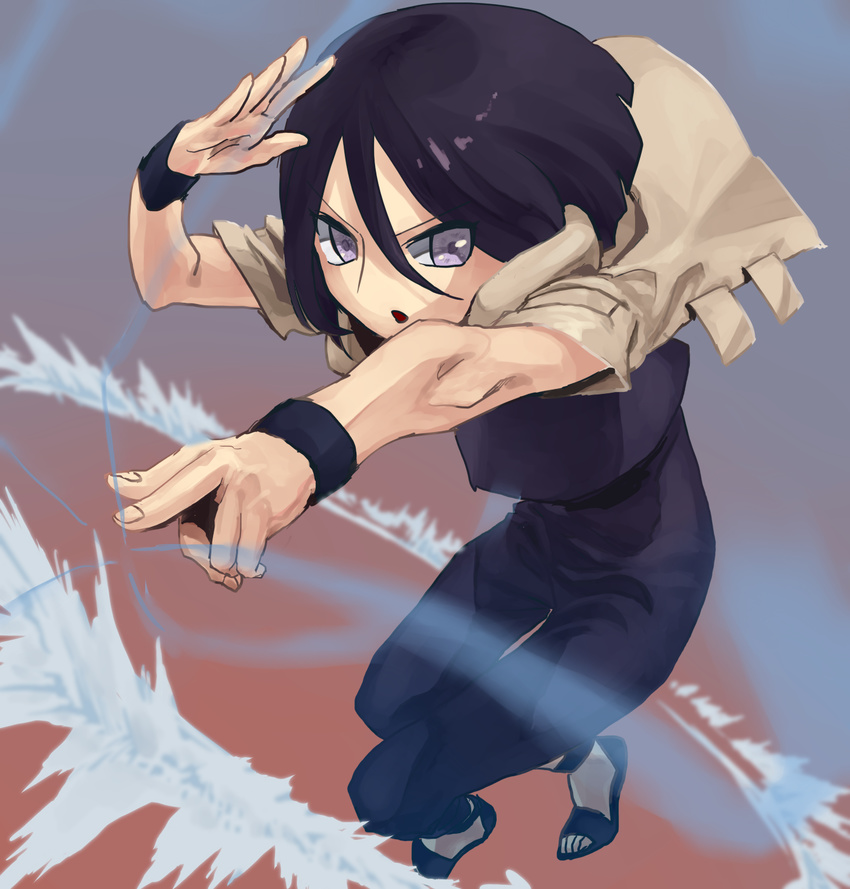 black_hair hair_between_eyes highres hyuuga_hanabi kuukai_(adexi) naruto naruto_(series) open_mouth purple_eyes short_hair short_sleeves solo wristband