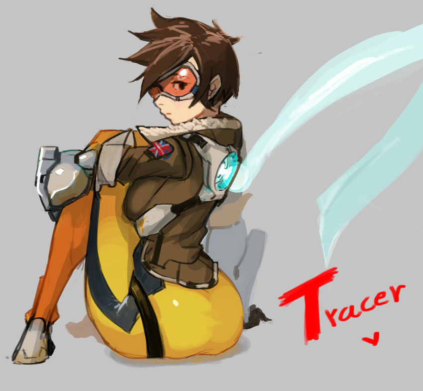 ass bad_id bad_pixiv_id bodysuit breasts brown_hair character_name goggles grey_background hirundo_rustica jacket looking_at_viewer looking_back medium_breasts orange_bodysuit overwatch short_hair simple_background sitting solo tracer_(overwatch)
