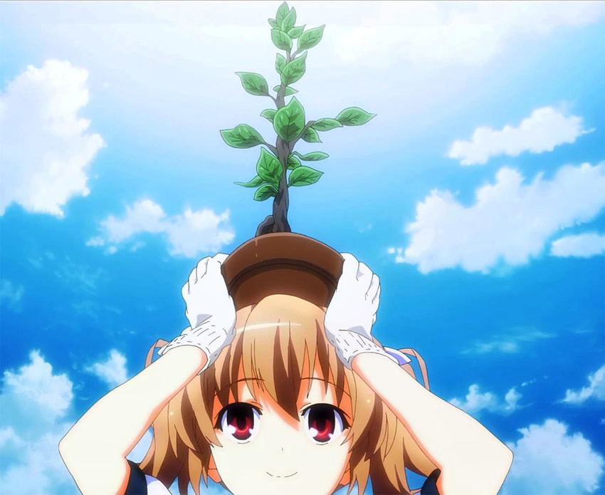 brown_hair cloud day grisaia_(series) grisaia_no_kajitsu head irisu_makina plant red_eyes screencap short_hair sky solo twintails