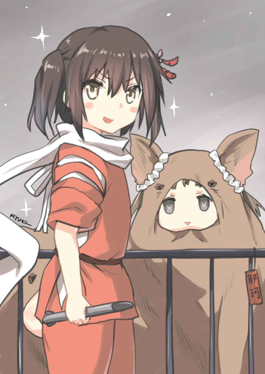 absurdres animal_costume artist_name blush_stickers brown_eyes brown_hair cosplay empty_eyes highres kantai_collection looking_at_viewer multiple_girls naka_(kantai_collection) ogino_chihiro ogino_chihiro_(cosplay) open_mouth parody remodel_(kantai_collection) ryuki_(ryukisukune) scarf sen_to_chihiro_no_kamikakushi sendai_(kantai_collection) short_hair signature smile sparkle torpedo triangle_mouth two_side_up yellow_eyes