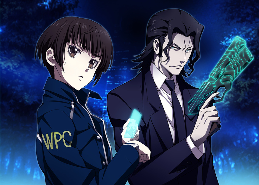 1girl aqua_eyes black_hair brown_eyes brown_hair dominator_(gun) formal gun jacket necktie night nyoro_(nyoronyoro000) psycho-pass suit tougane_sakuya tsunemori_akane weapon