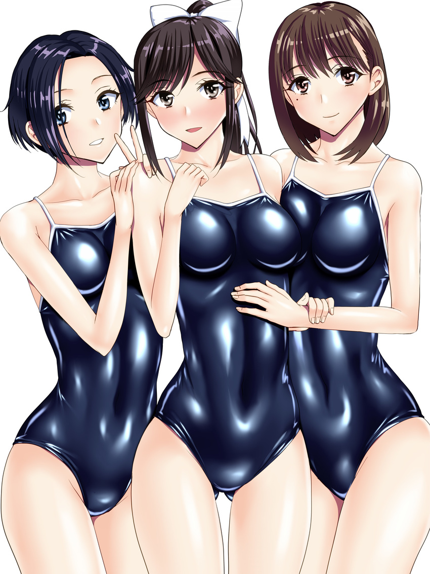 :d anegasaki_nene ass_visible_through_thighs bangs black_hair blue_eyes blue_hair blue_swimsuit blush bow breast_press breasts breasts_apart clenched_hand closed_mouth competition_school_swimsuit covered_navel cowboy_shot eyebrows_visible_through_hair grey_eyes grin groin hair_bow hand_on_another's_stomach hand_up hands_on_another's_shoulder high_ponytail highres impossible_clothes impossible_swimsuit kobayakawa_rinko legs_together light_smile long_hair looking_at_viewer love_plus medium_breasts mole mole_under_eye multiple_girls one-piece_swimsuit open_mouth parted_bangs pink_eyes ponytail school_swimsuit sen_(sansui) shiny shiny_clothes shiny_hair shiny_swimsuit short_hair sidelocks simple_background skin_tight smile standing swimsuit takane_manaka thigh_gap thighs v white_background white_bow wrist_grab