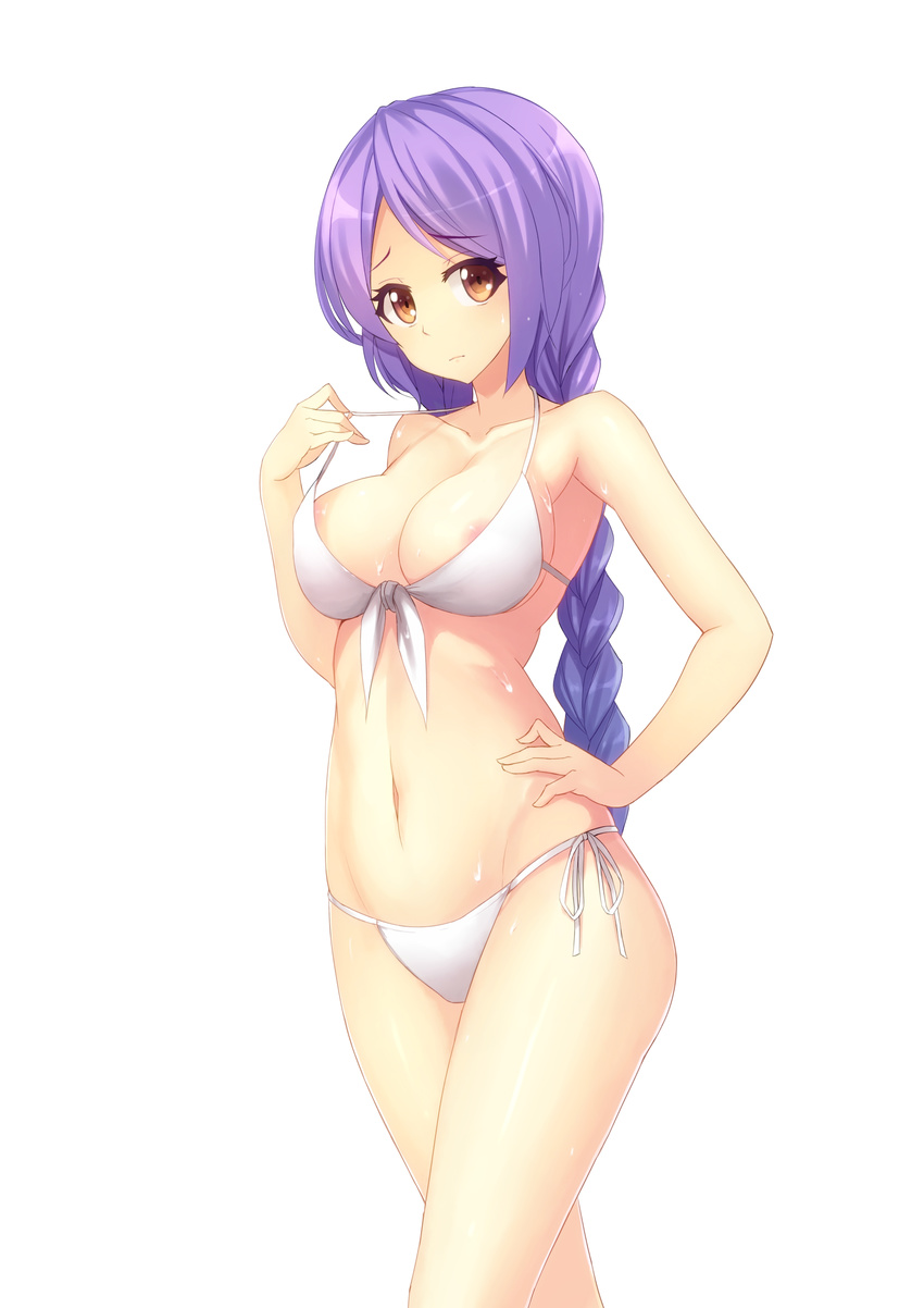 absurdres areolae bare_arms bare_shoulders bikini bikini_pull blush braid breasts brown_eyes cleavage collarbone eyebrows_visible_through_hair front-tie_bikini front-tie_top hand_on_hip highres large_breasts long_hair looking_at_viewer navel original pulled_by_self purple_hair shiny shiny_skin side-tie_bikini simple_background solo standing stomach strap_lift swimsuit ti-tang white_background