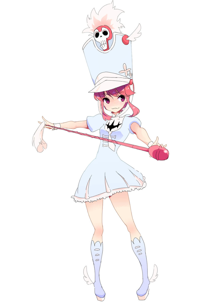 :3 band_uniform baton boots full_body hat highres jakuzure_nonon kill_la_kill mg_nemuio pink_eyes pink_hair shako_cap shoes short_hair sidelocks simple_background skull solo white_background winged_shoes wings wrist_cuffs