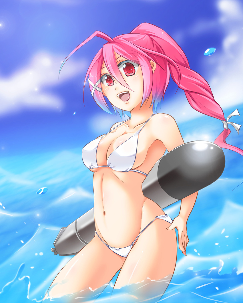 bikini breasts cleavage day highres i-168_(kantai_collection) kantai_collection kiritsuki_yuu_koromo long_hair medium_breasts navel ocean open_mouth ponytail red_eyes red_hair shiny shiny_skin sideboob smile strap_gap string_bikini swimsuit torpedo white_bikini