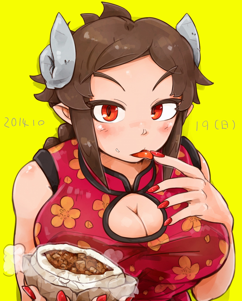 2014 baozi blush breasts brown_hair china_dress chinese_clothes cleavage cleavage_cutout commentary_request dated demon_girl demon_horns dress finger_licking fingernails floral_print food highres holding horns large_breasts licking long_fingernails looking_at_viewer nail_polish original red_eyes san_mamiya short_hair solo succubus taut_clothes taut_dress tongue yellow_background