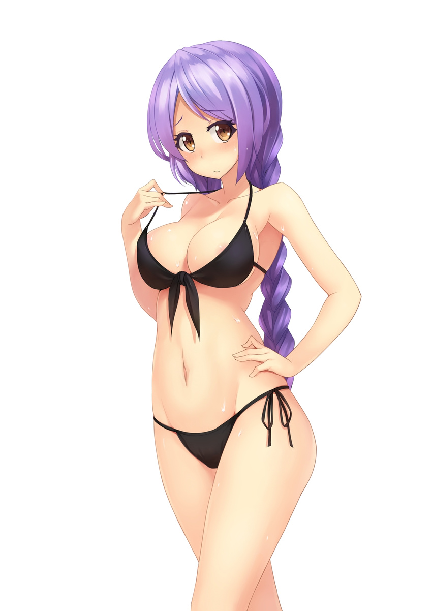 areolae bikini bikini_pull blush braid breasts brown_eyes cleavage front-tie_top hand_on_hip highres large_breasts long_hair looking_at_viewer navel original pulled_by_self purple_hair shiny shiny_skin side-tie_bikini simple_background solo standing stomach strap_lift swimsuit ti-tang white_background