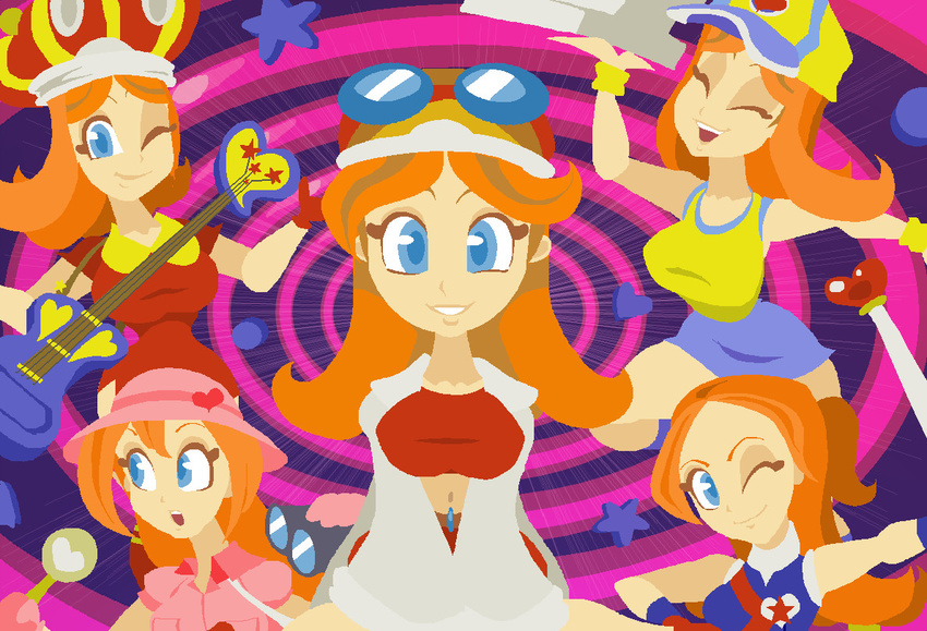 crown guitar hat heart instrument mona mona_(warioware) multiple_girls nintendo orange_hair wario_ware warioware wink