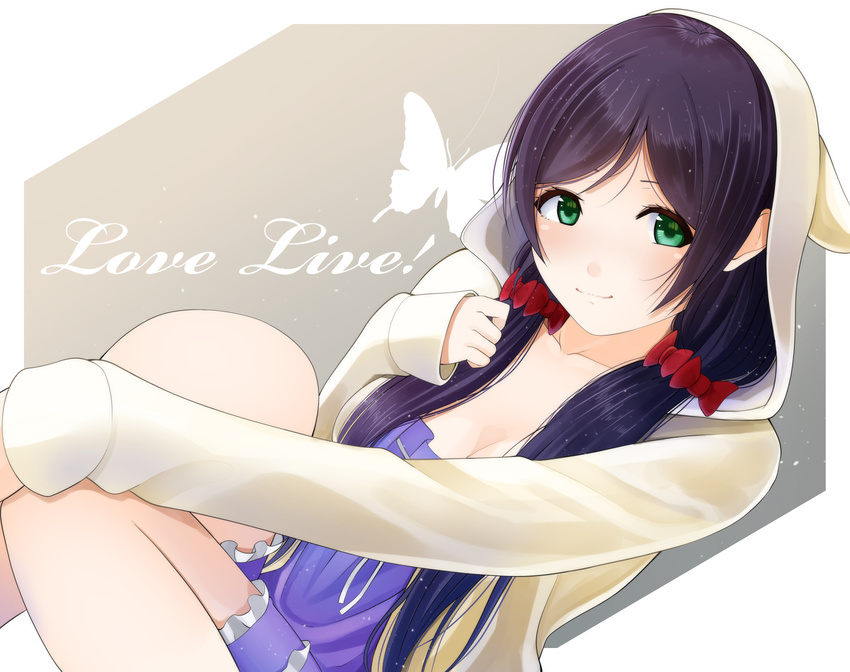 animal_hood blush bow bug butterfly collarbone copyright_name green_eyes hair_bow highres hood hoodie insect kentaurosu long_hair looking_at_viewer love_live! love_live!_school_idol_project low_twintails nightgown purple_hair ribbon-trimmed_clothes ribbon_trim solo toujou_nozomi twintails
