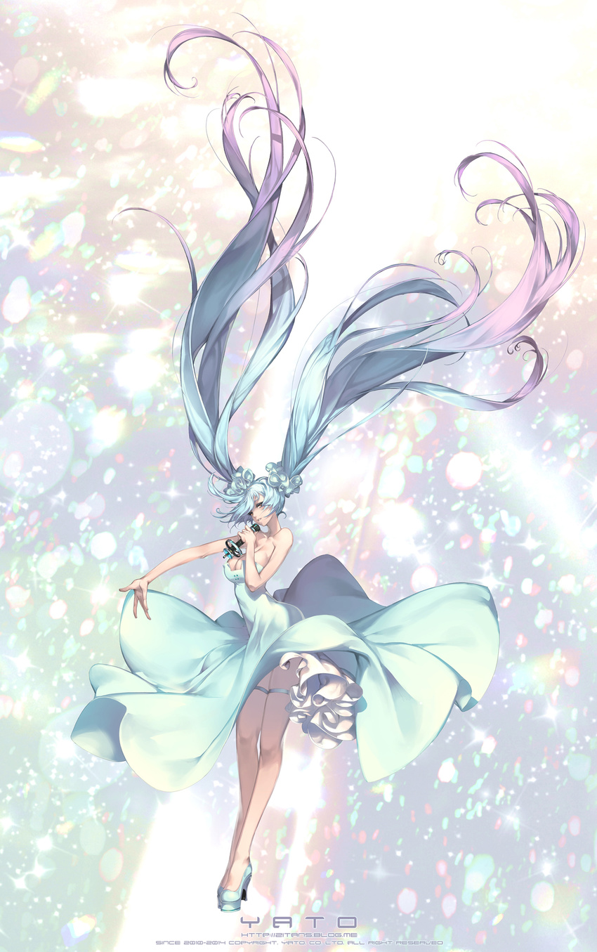 2010 2014 absurdly_long_hair aqua_hair artist_name breasts dress floating_hair gradient_hair hatsune_miku high_heels highres large_breasts long_hair long_legs microphone multicolored_hair outstretched_arm pink_hair solo strapless strapless_dress thigh_strap very_long_hair vocaloid yato0401