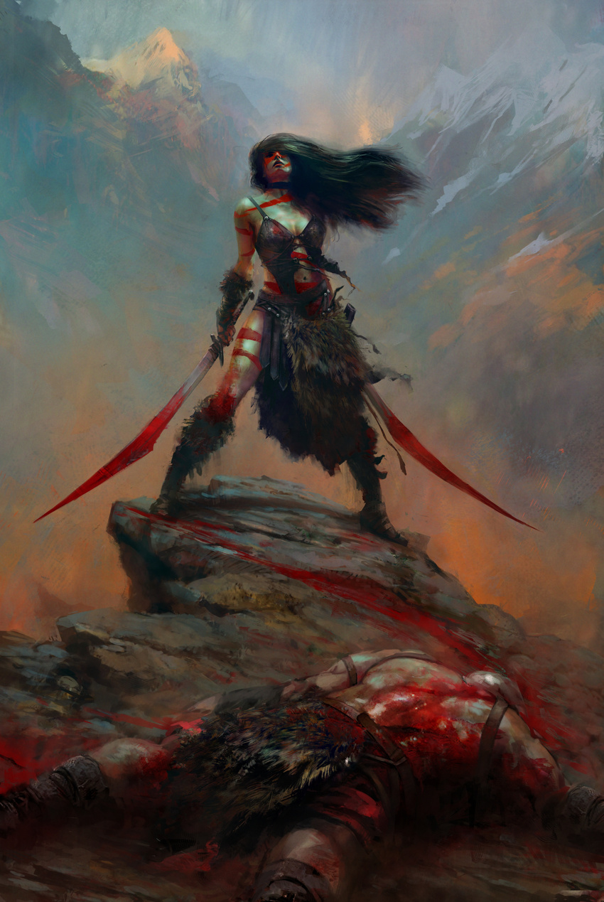 1girl barbarian bare_shoulders black black_hair blood bodypaint breasts cleavage dual dynamic fantasy female highres long_hair midriff mountain outdoors pelt pose solo standing sword tiger1313 weapon wielding