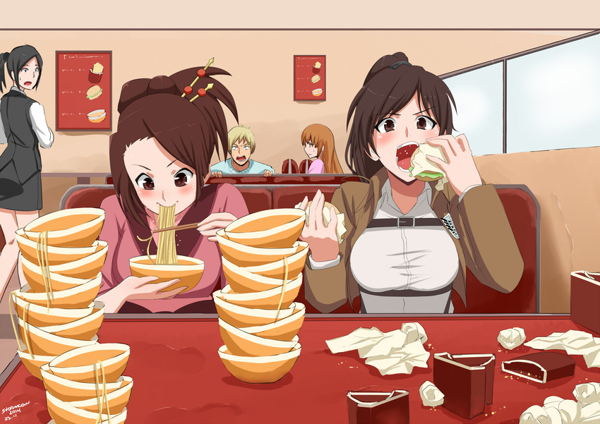 2014 4girls artist_name black_hair blonde_hair bowl breasts brown_eyes brown_hair chopsticks contemporary crossover dated eating food fuu hamburger highres large_breasts multiple_girls noodles open_mouth ponytail restaurant samurai_champloo sasha_braus shingeki_no_kyojin short_hair stormcow sweatdrop table teeth waitress window