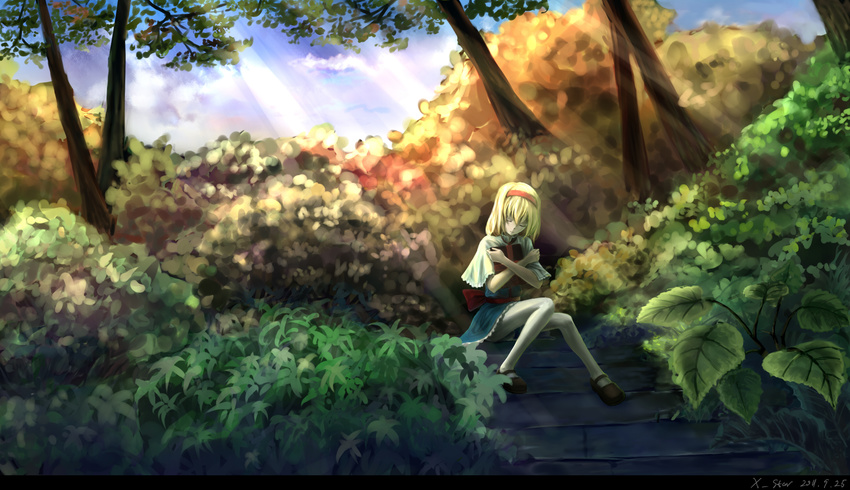 alice_margatroid blonde_hair blue_dress blue_sky book book_hug bush capelet closed_eyes cloud dated day dress grimoire grimoire_of_alice hairband head_tilt highres holding holding_book light_rays long_legs mary_janes nature peaceful plant ribbon shoes short_hair shuang_ye signature sitting sitting_on_stairs sky smile solo stairs sunlight touhou tree white_legwear
