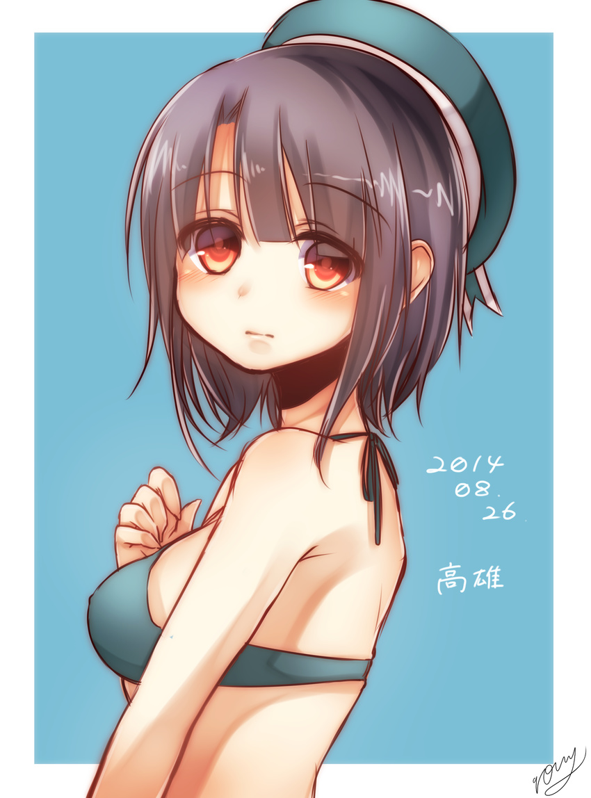 absurdres bad_id bad_pixiv_id beret bikini_top black_hair blue_background breasts character_name dated hand_on_own_chest hat highres kantai_collection large_breasts looking_at_viewer red_eyes rom short_hair signature takao_(kantai_collection) upper_body