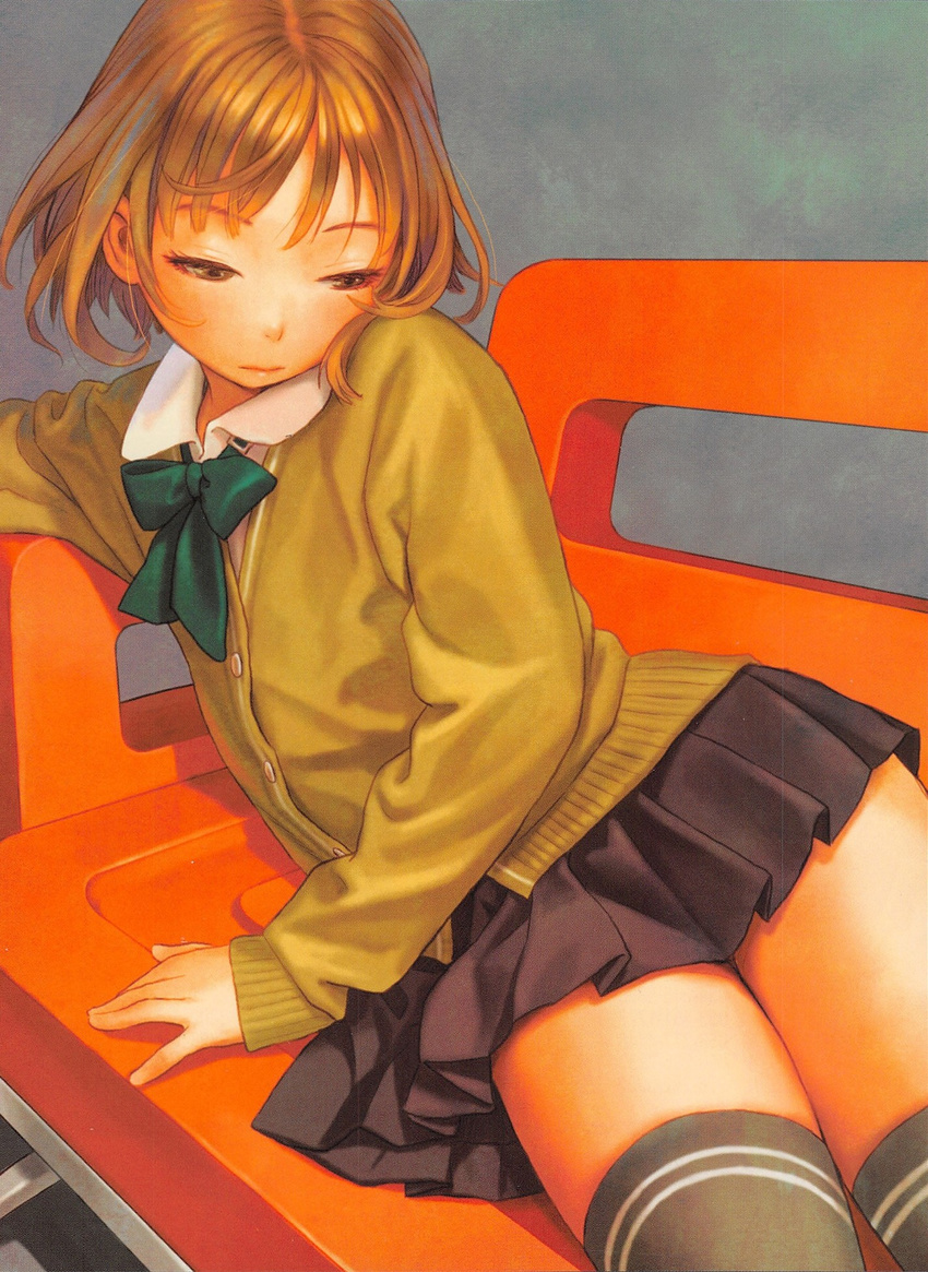 bad_id bad_yandere_id bench black_legwear bob_cut bow bowtie brown_eyes brown_hair cardigan copyright_request cowboy_shot highres murata_renji pleated_skirt scan school_uniform short_hair sitting skirt solo thighhighs zettai_ryouiki