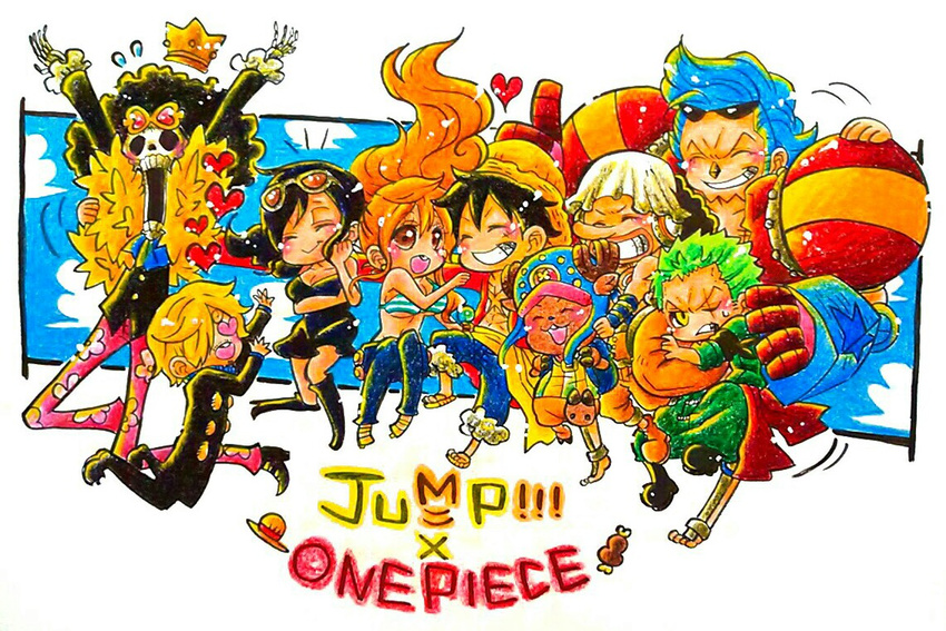 afro bikni_top blonde_hair blue_hair boots brook chibi crown cyborg denim dress formal franky goggles green_hair hair_over_one_eye hat headphones jeans long_hair monkey_d_luffy multiple_boys nami nami_(one_piece) nico_robin one-eyed one_piece onexone orange_hair pants robe roronoa_zoro sandals sanji sash skeleton slingshot smile straw_hat suit sunglasses sunglasses_on_head traditional_media usopp