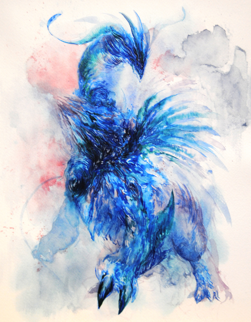 blue color_ink_(medium) dragon highres kourai no_humans original solo traditional_media watercolor_(medium)